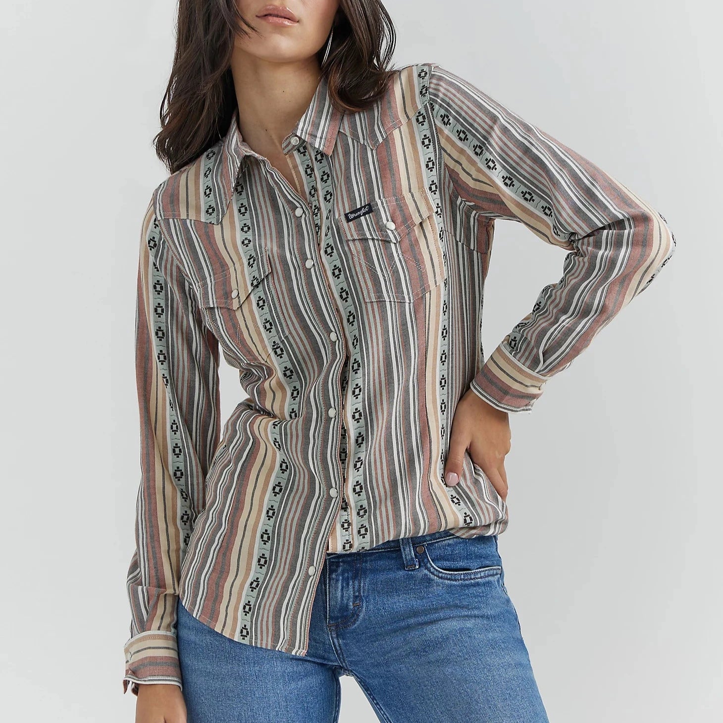 women's floral short sleeve blouse -Wrangler Retro Women's L/S Southwestern Stripe Western Snap Shirt in Pink & Blue