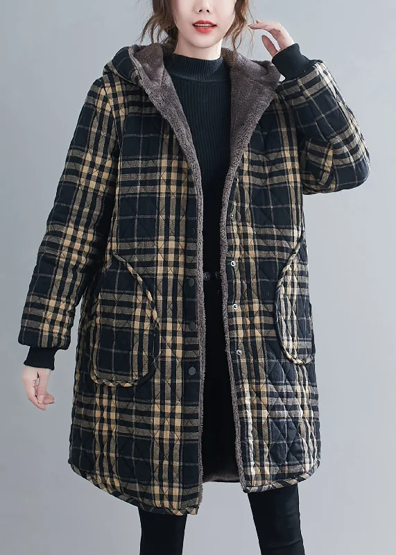 women's asymmetrical zip jacket -Loose Black Plaid Hooded Pockets Warm Fleece Parka Winter