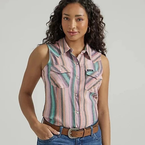 ladies' tie-dye short sleeve t-shirt -Wrangler Retro Women's Sleeveless Striped Western Snap Shirt in Southwest Peach