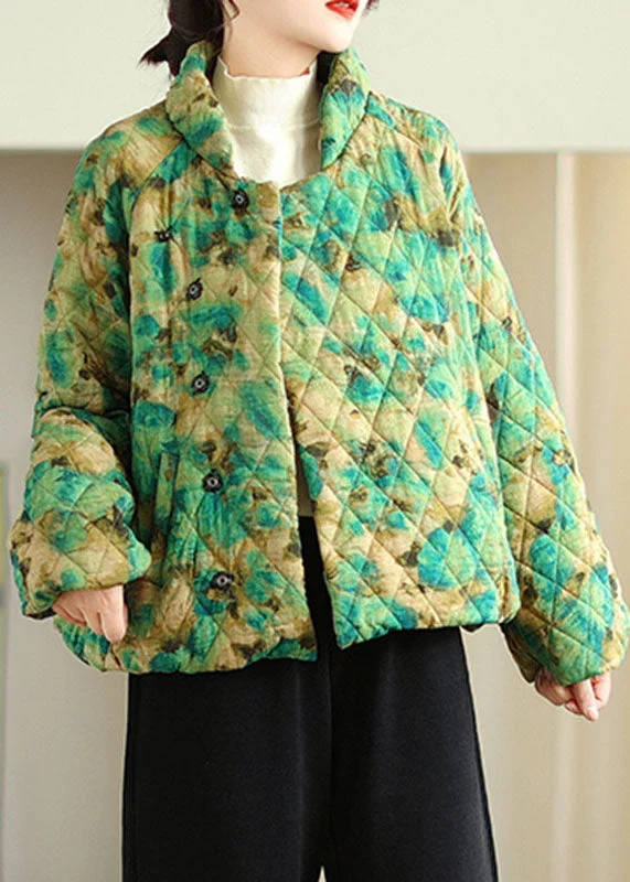 versatile trench coat for ladies -Green Stand Collar Button Parka Long Sleeve