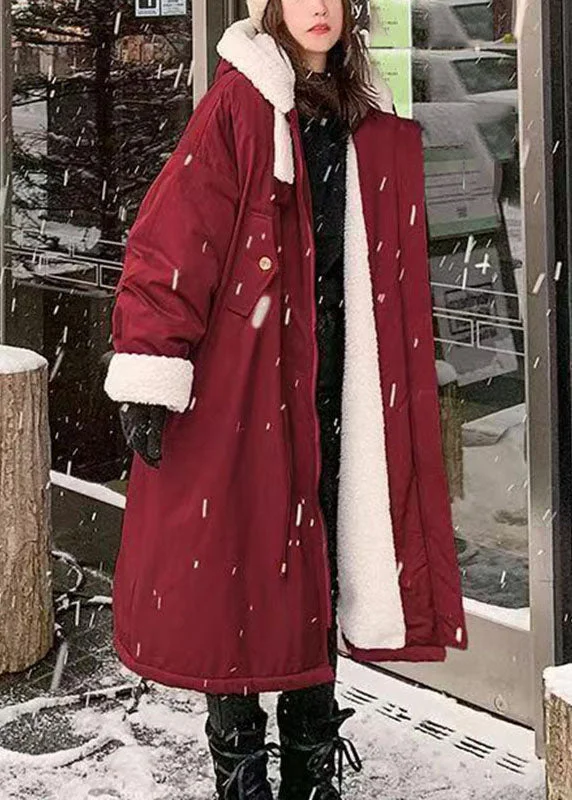 sustainable eco-friendly coat for women -Boutique Red Zippered Pockets Fleece Wool Lined Thick Hooded Long Parka Winter