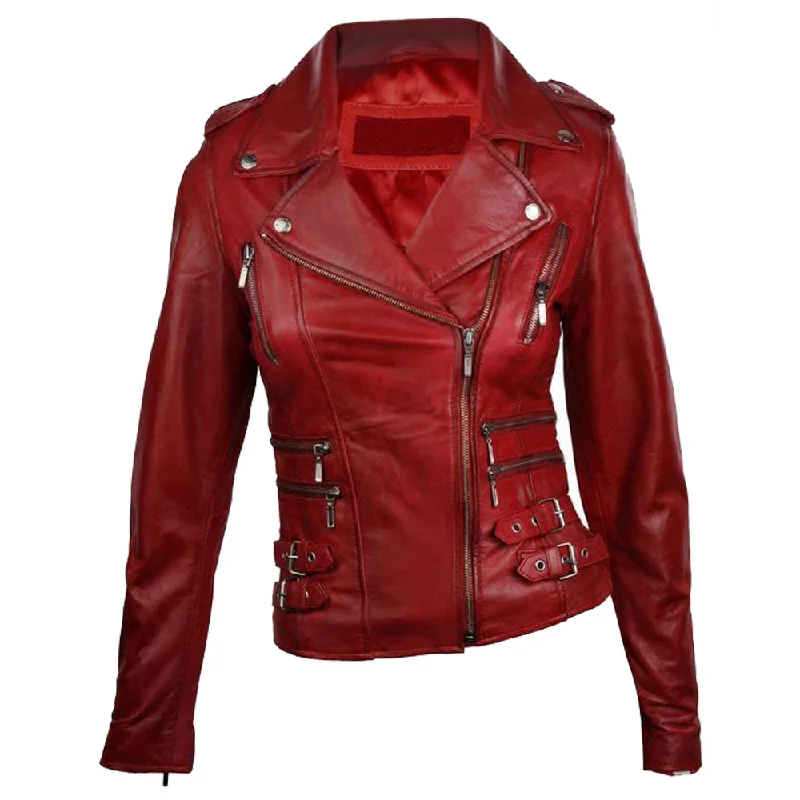 luxury designer winter coat for women -Women Red Waxed Leather Jacket