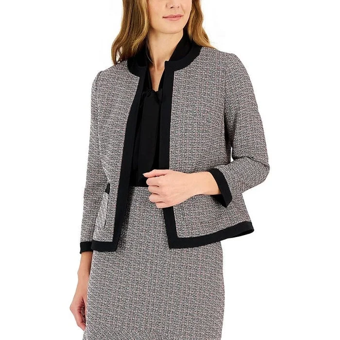 cropped wool blazer for women -Kasper Women's FraMetallic Flecked Tweed Collarless 3/4 Sleeve Jacket Gray Size 14