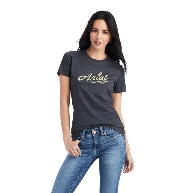 classic striped short sleeve top for women -Ariat Women's Wheat Script Tee, Charcoal Heather