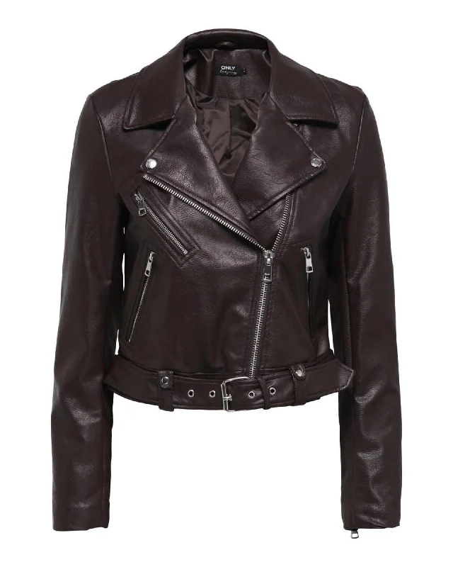 professional work blazer for women -Faux Leather Biker Jacket with Zip Fastening and Long Sleeves