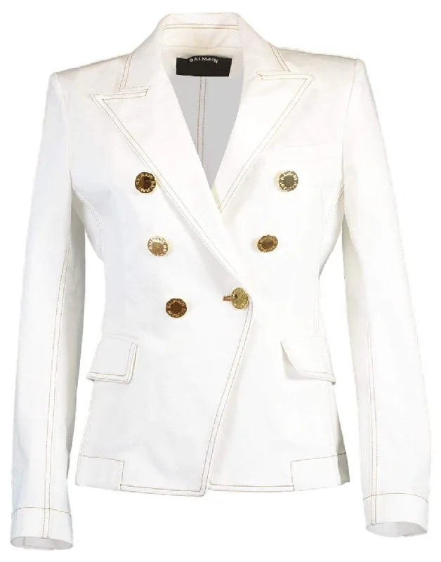 women's relaxed fit blazer -White Six Button Stitch Denim Jacket