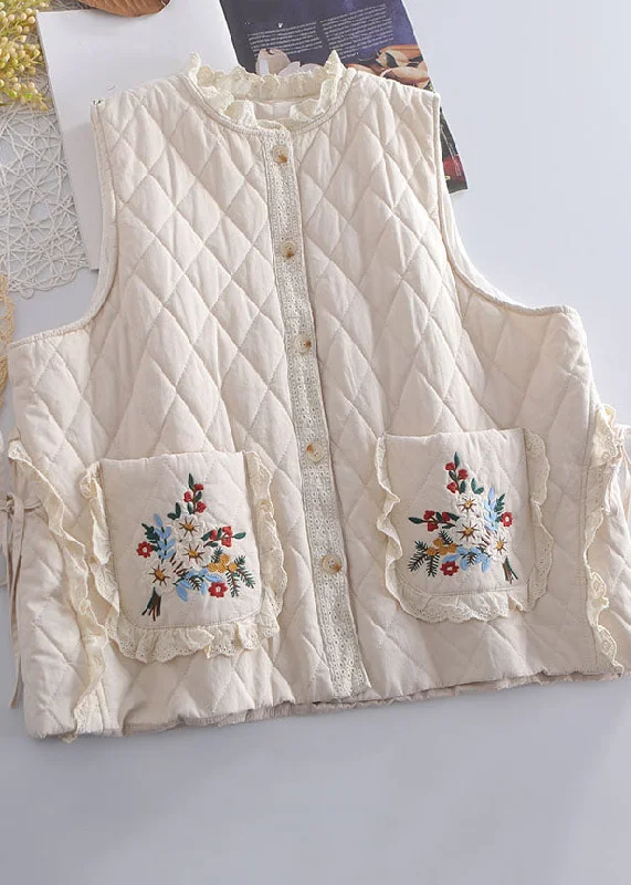 oversized women's coat -Organic Beige Embroideried Ruffled Patchwork Tie Waist Waistcoat Winter