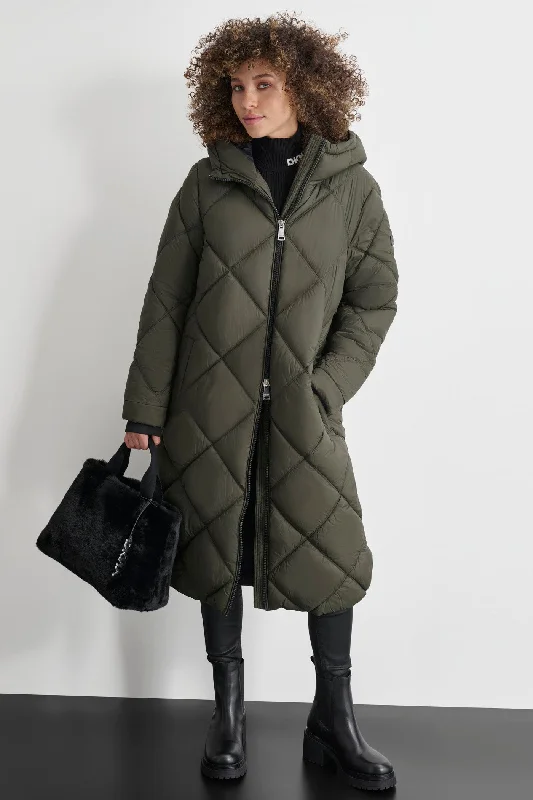 ladies' waterfall drape coat -SILKY LONG QUILTED PARKA