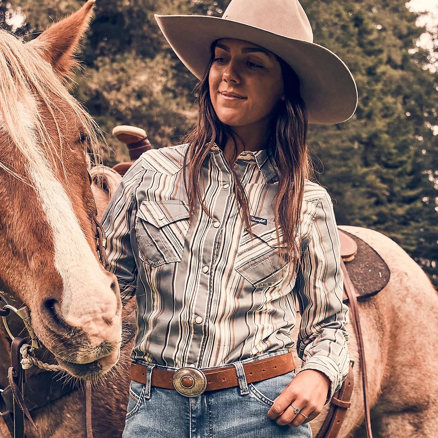 women's tie-front short sleeve top -Wrangler Retro Women's L/S All Occasion Western Snap Shirt in Blue Stripe