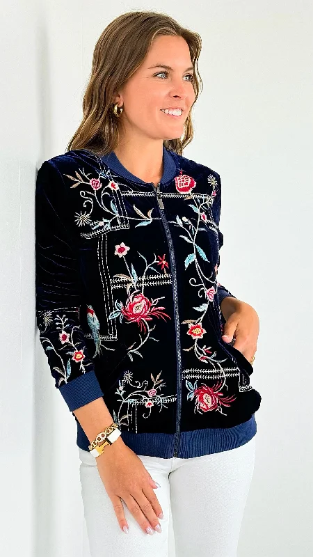 sustainable eco-friendly coat for women -Velvet Floral Zip- Up Jacket