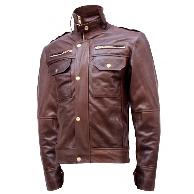 ladies' puffer jacket -Chocolate Brown Men Military Leather Jacket