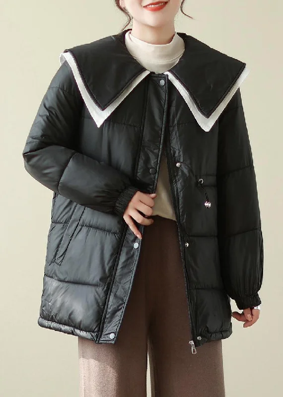 women's mid-length wool coat -French Black Peter Pan Collar Drawstring Fine Cotton Filled Puffer Jacket Winter