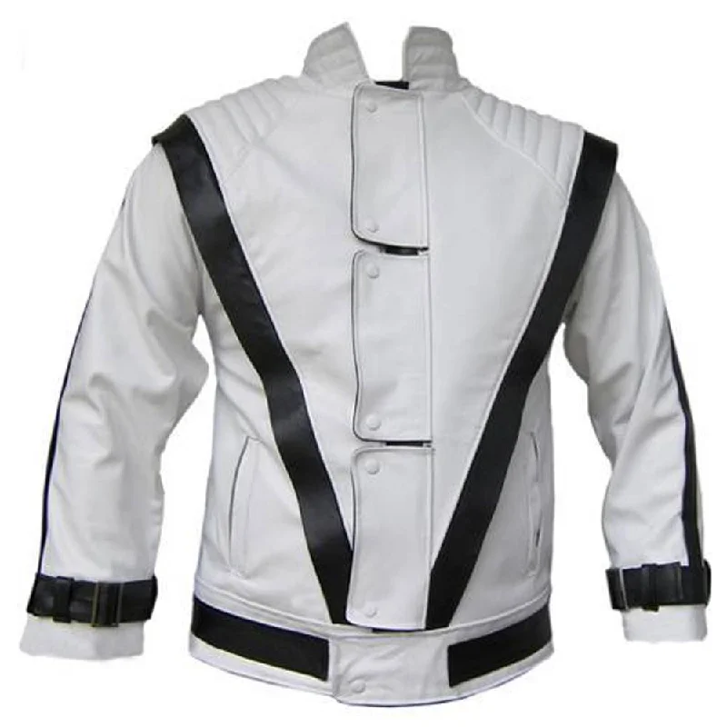 stylish knit jacket for women -White Leather Black Stripes Jacket