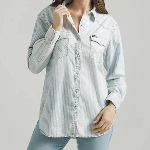 chic asymmetrical short sleeve top -Wrangler Retro Women's Boyfriend L/S Western Snap Shirt in Blue & White Texture Stripe