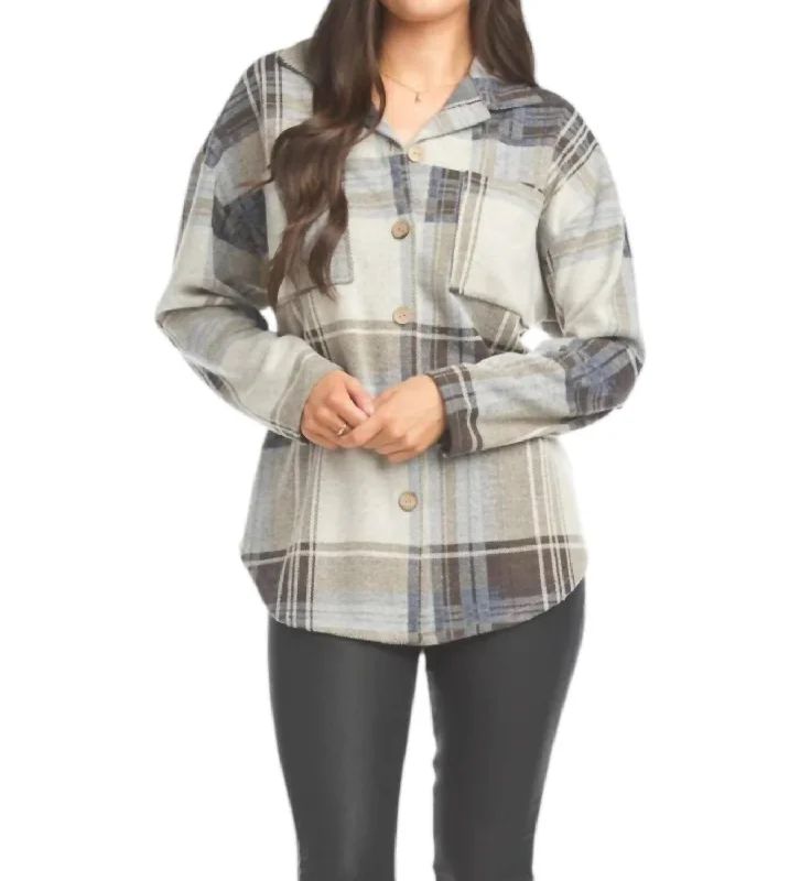 women's casual denim jacket -Plaid Shacket In Grey