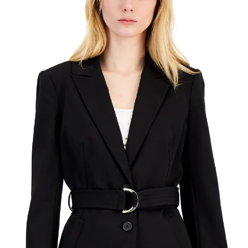 lightweight packable jacket for women -Donna Karan Women's Luxe Peak Lapel Belted Cotton Blend Jacket Black Size 6