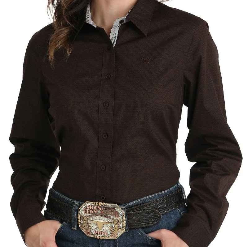 women's relaxed fit short sleeve shirt -Cinch Women's L/S Tonal Geometric Diamond Western Button Down Shirt in Brown