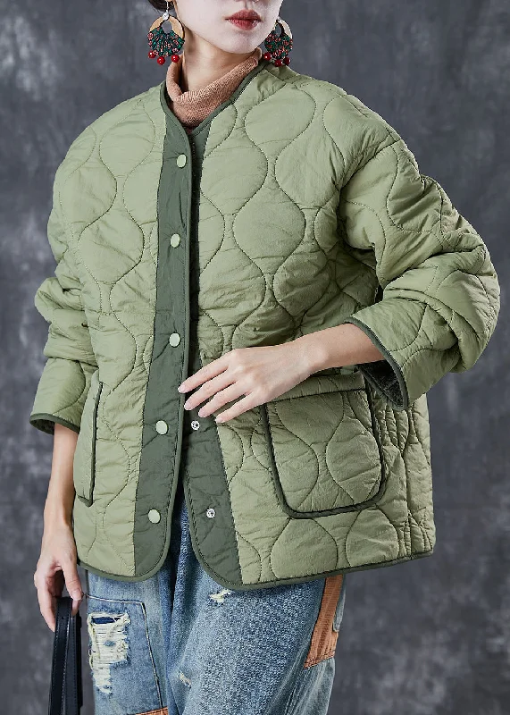 urban style cropped puffer jacket -Chic Light Green Thick Patchwork Warm Fleece Jacket Winter