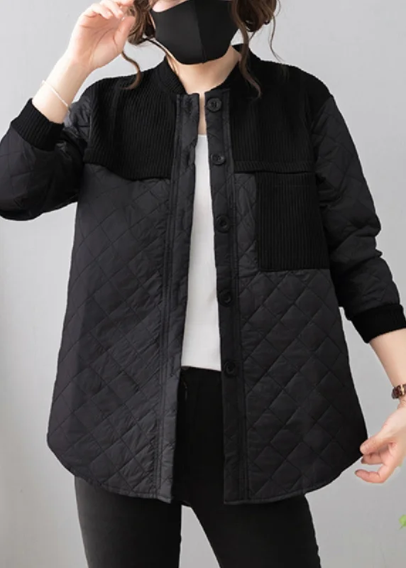 fashionable metallic puffer jacket for women -Loose Black Button Patchwork Thin Cotton Coat Long Sleeve