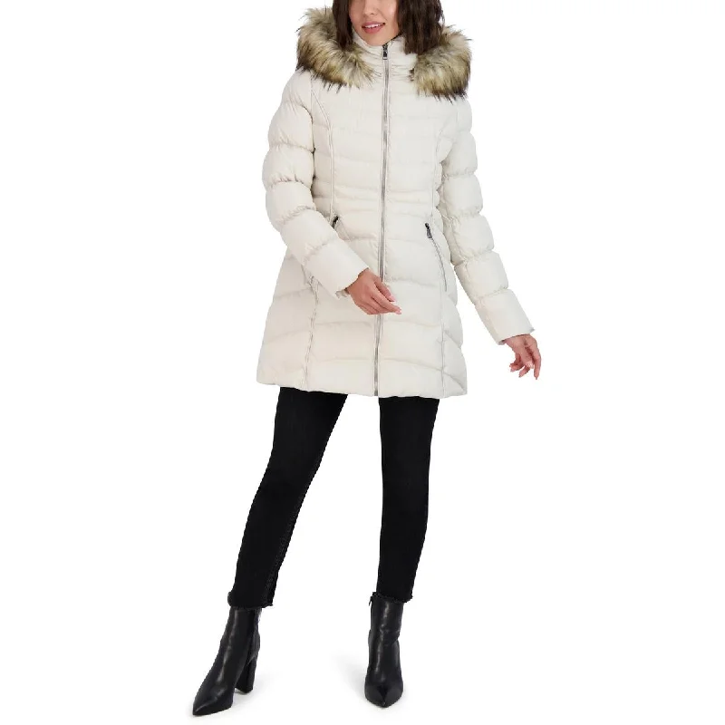 elegant wool cape for women -Womens Faux Fur Trim Hooded Puffer Jacket