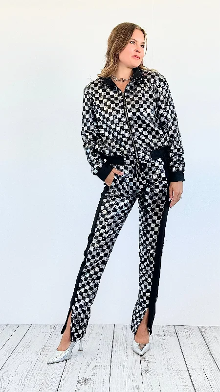 women's fur-trimmed parka -Checkered Sequin Jacket and Pants Set -Silver