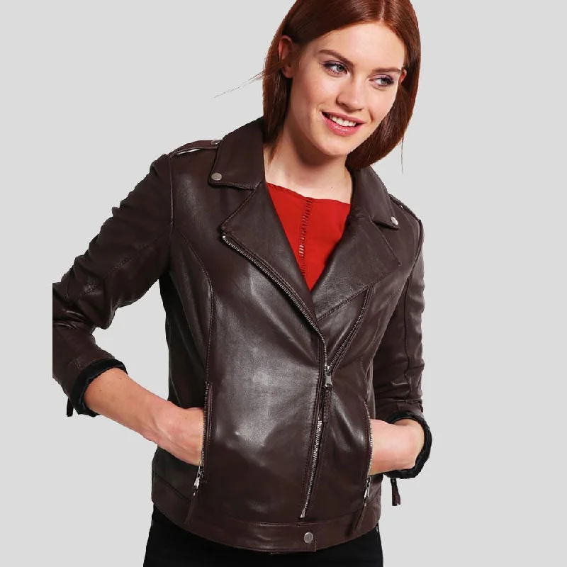 classic trench raincoat for women -Women's Luna Brown Biker Leather Jacket