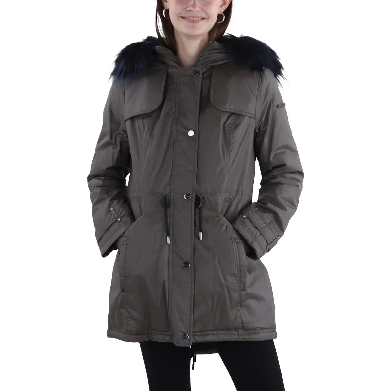 fashionable belted wool coat for women -Womens Faux Fur Trim Hooded Anorak Jacket