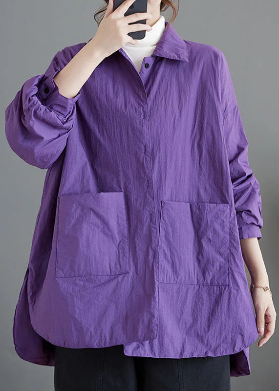 casual zip-up hoodie jacket for women -Loose Purple Peter Pan Collar Pockets Patchwork Parkas Coats Long Sleeve