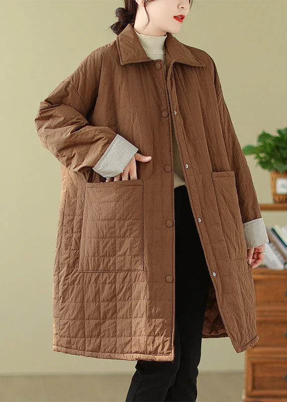 women's fur-trimmed parka -Plus Size Coffee Peter Pan Collar Pockets Fine Cotton Filled Coat Winter