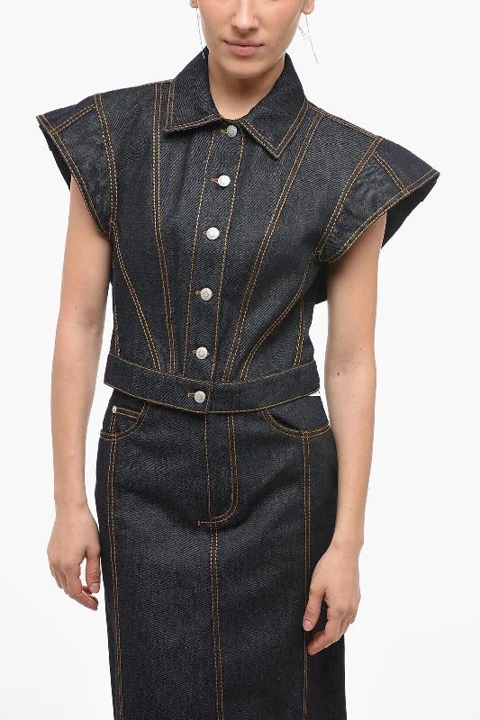 fashionable belted wool coat for women -Alexander McQueen Denim Cropped Jacket with Flap Sleeves