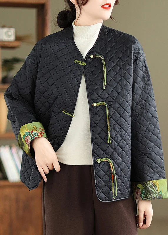 women's winter coat -Vintage Black Tasseled Button Patchwork Fine Cotton Filled Jackets Winter