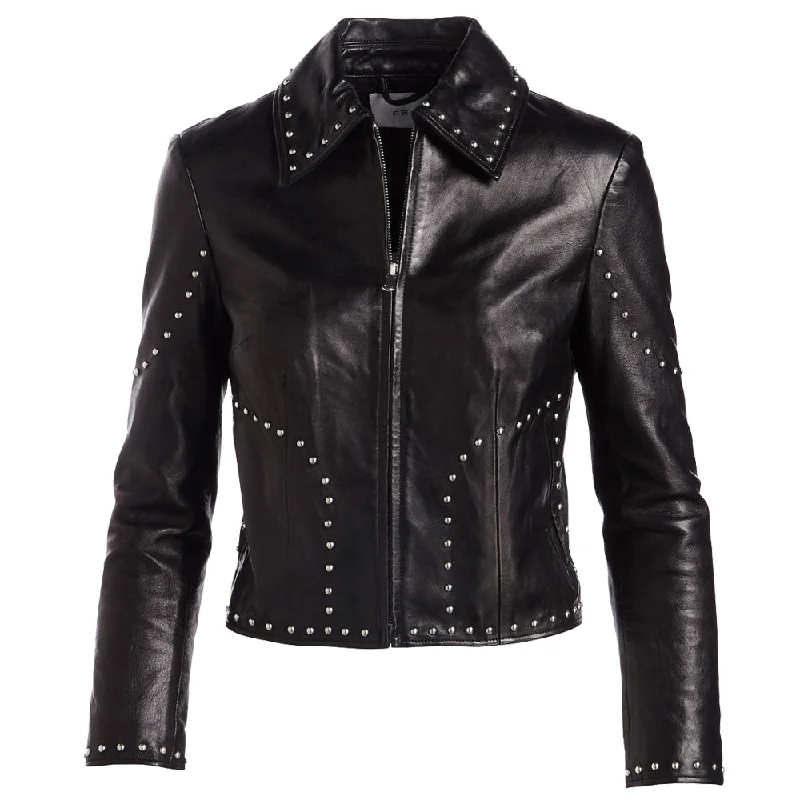 stylish knit jacket for women -Women Pins Army Leather Zipper Jacket