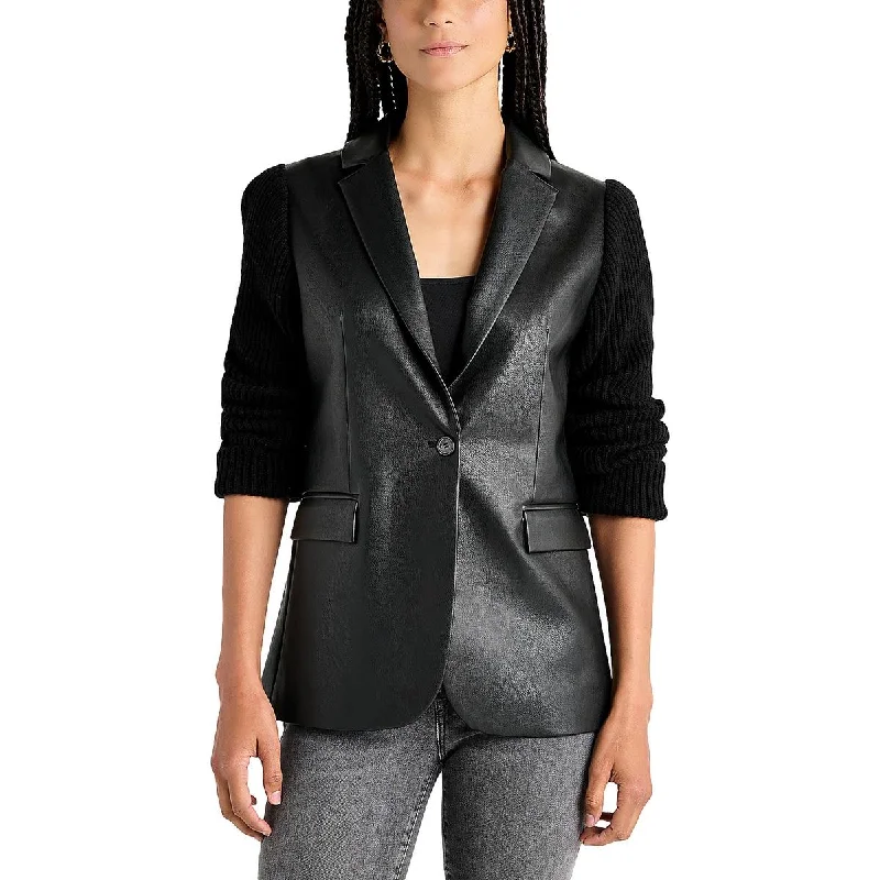 women's teddy bear coat -Splendid Womens Adina Faux Leather Mixed Media One-Button Blazer