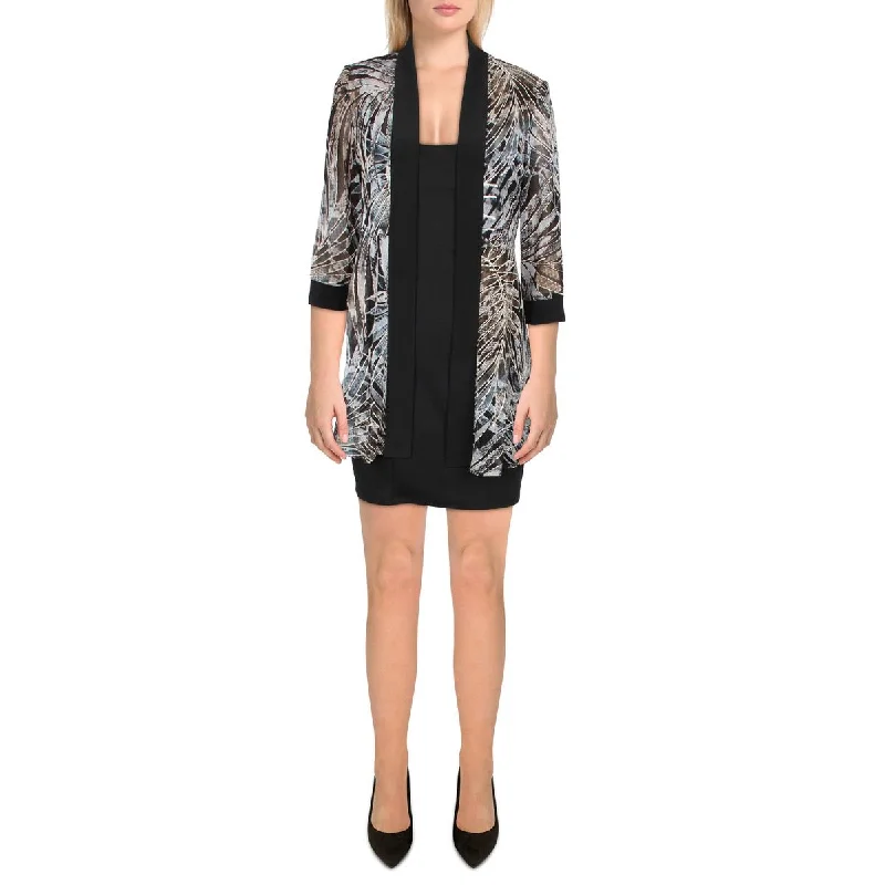 women's relaxed fit blazer -R&M Richards Womens Petites Mesh Printed Duster Blazer