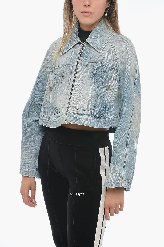 urban style cropped puffer jacket -Palm Angels Cropped Fit Denim Jacket with Front Zip