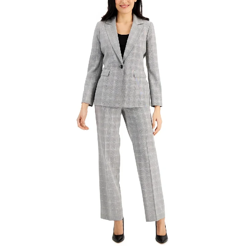 classic trench raincoat for women -Le Suit Womens Petites Plaid Work Wear One-Button Blazer