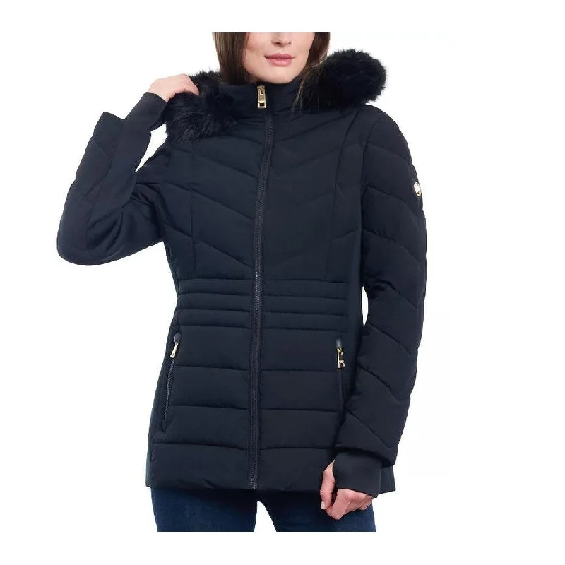 stylish knit jacket for women -Michael Michael Kors Womens Black Chevron Faux Fur Hooded Coat