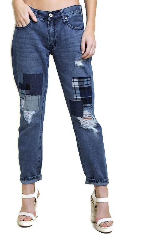 ripped straight-leg jeans for women -Distressed Patchwork Boyfriend Jean In Dark Denim