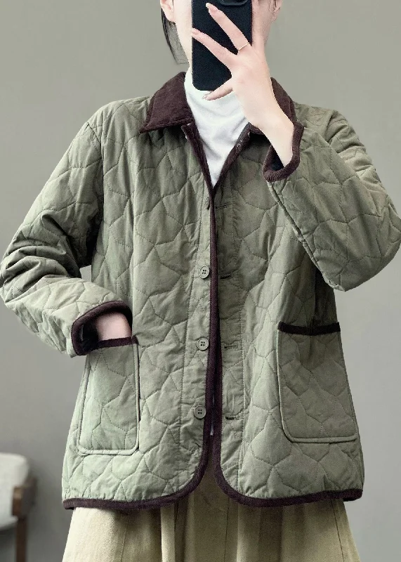 casual oversized shacket for women -Women Army Green Peter Pan Collar Pockets Fine Cotton Filled Jackets Winter