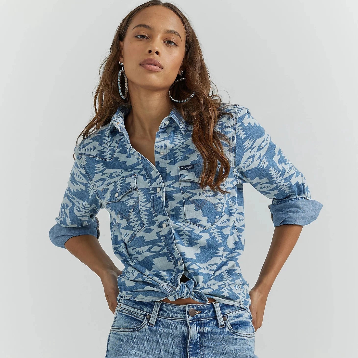 trendy short sleeve tops for women -Wrangler Retro Women's L/S Geometric Cowboy Western Snap Shirt in Light Wash