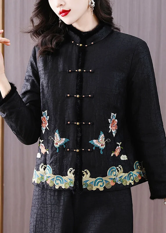 elegant wool cape for women -Handmade Vintage Black Embroidered Fine Cotton Filled Jacket Winter