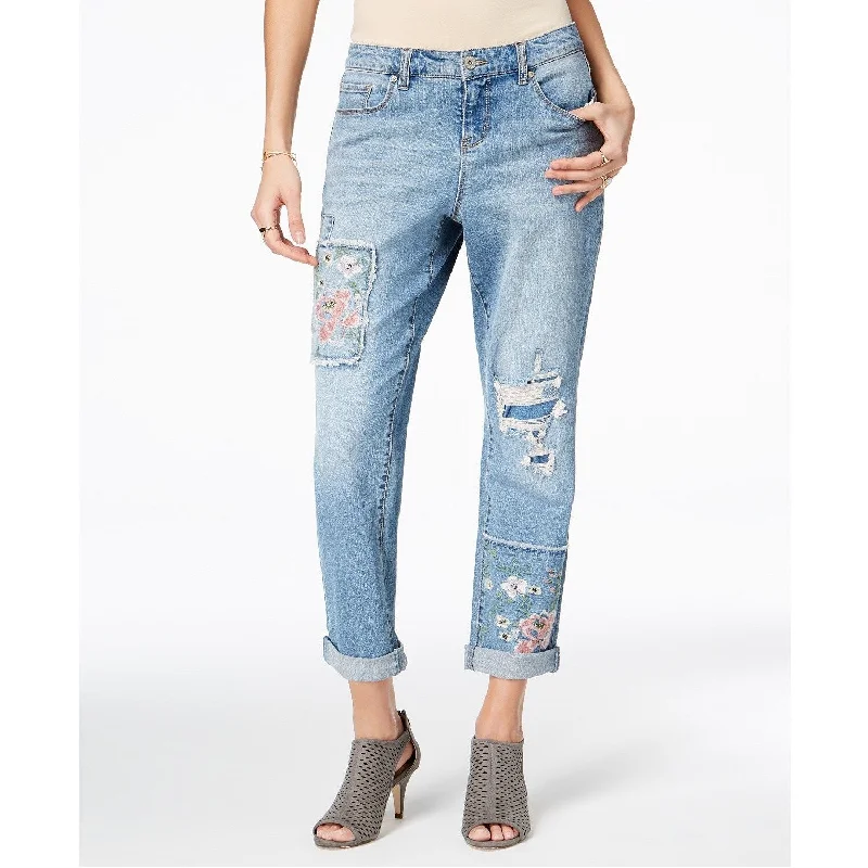 trendy oversized boyfriend jeans for ladies -Style & Co Women's Patched Boyfriend Jeans Holy Smoke Size 12 - Blue