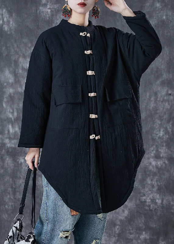 sustainable eco-friendly coat for women -Handmade Black Chinese Button Pockets Fine Cotton Filled Puffer Jacket Winter