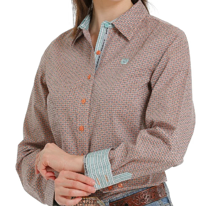 women's round neck short sleeve shirt -Cinch Women's L/S Blush and Blue Diamond Print Western Button Down Shirt