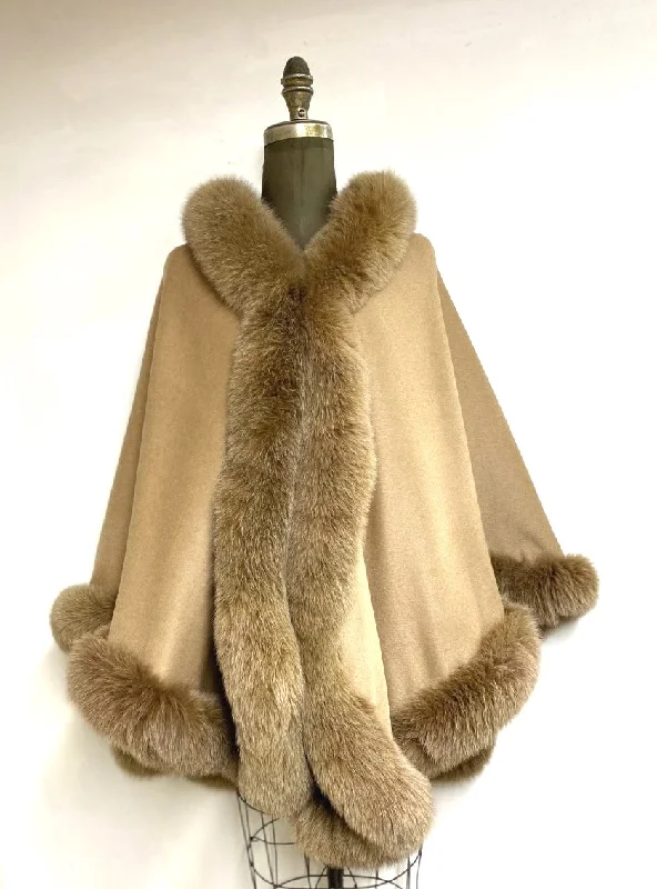 women's travel-friendly jacket -Vanessa Wrap Cape -  Cashmere & Wool Blend-Genuine Fox Trim All Around Edge