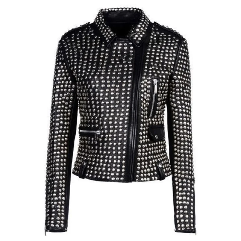 stylish fleece-lined coat for women -Ultimate Studded Leather Motorcycle Jacket