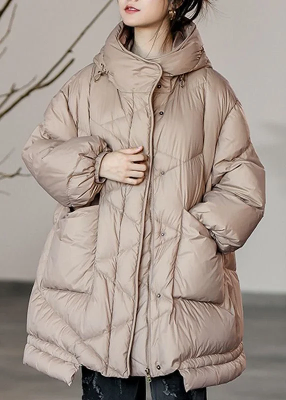 ladies' fleece zip-up jacket -Plus Size Khaki Oversized Pockets Duck Down Puffer Jacket Winter