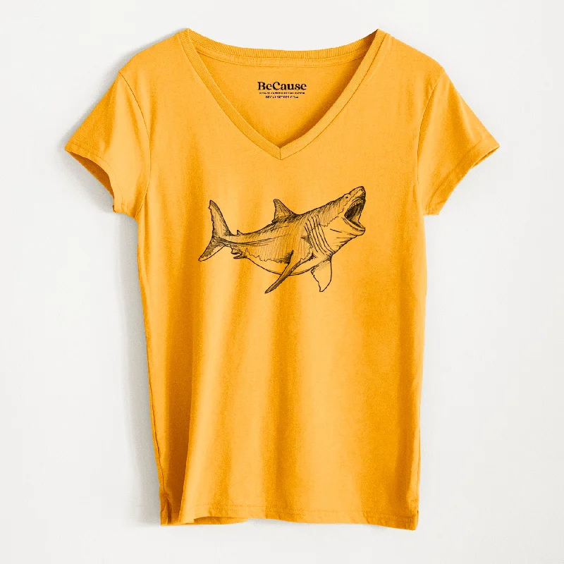 ladies' pleated short sleeve blouse -Megalodon - Otodus Megalodon - Women's 100% Recycled V-neck