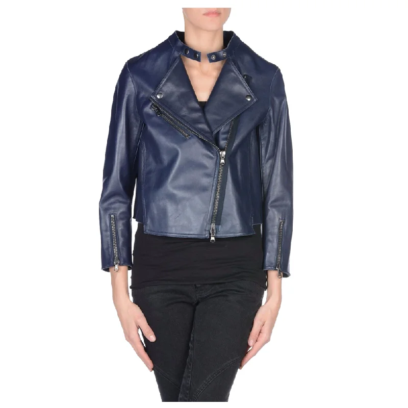 double-layered long coat for women -Navy Blue Women Biker Leather Jacket