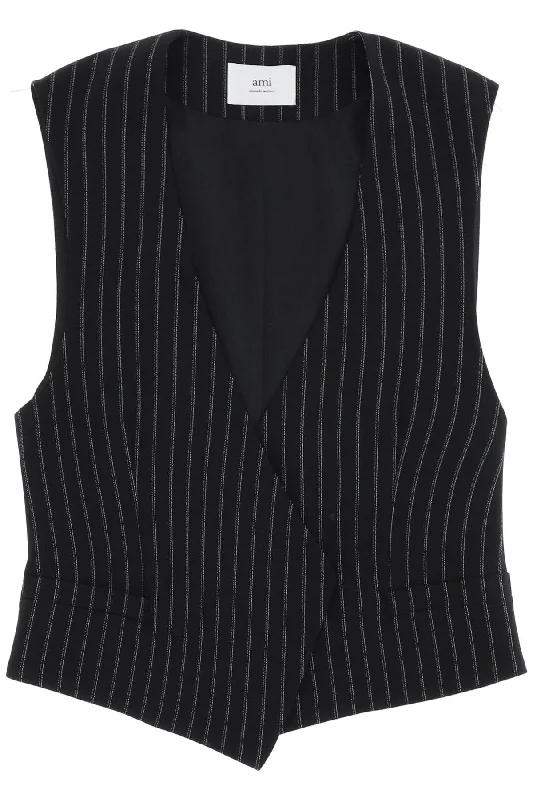 ladies' fleece zip-up jacket -Ami Alexandre Matiussi Women's Virgin Wool Pinstripe Waistcoat